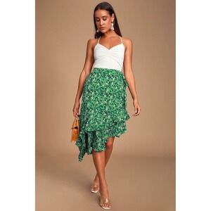 Lulus Carrara Green Floral Ruffle Asymmetrical Midi Skirt Size Large